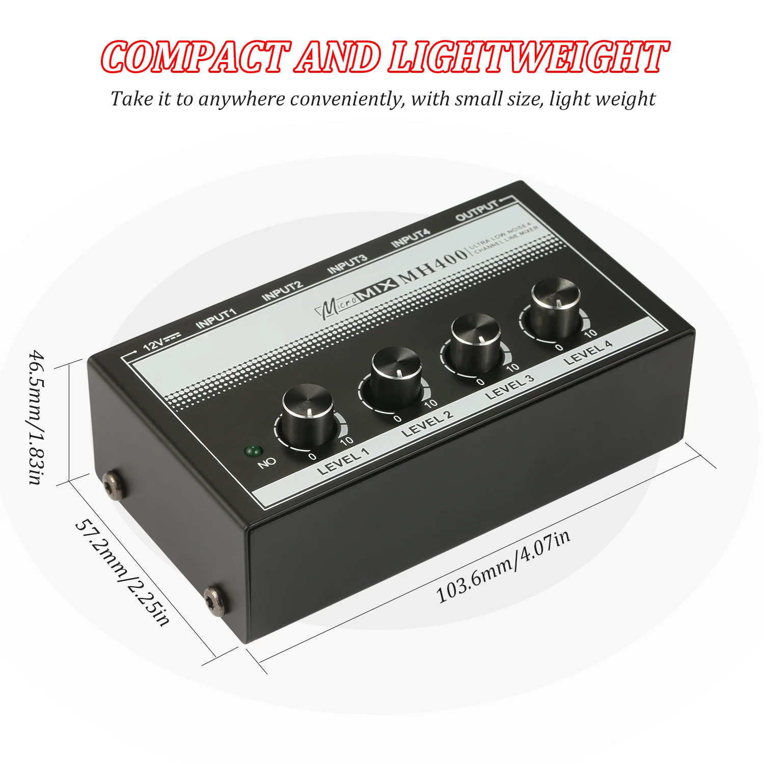 MH400 Ultra Low-Noise 4-Channel Line Mixer Mini Audio Mixer 1/4-inch TS Inputs &Output Volume Control for Guitars Bass Keyboards