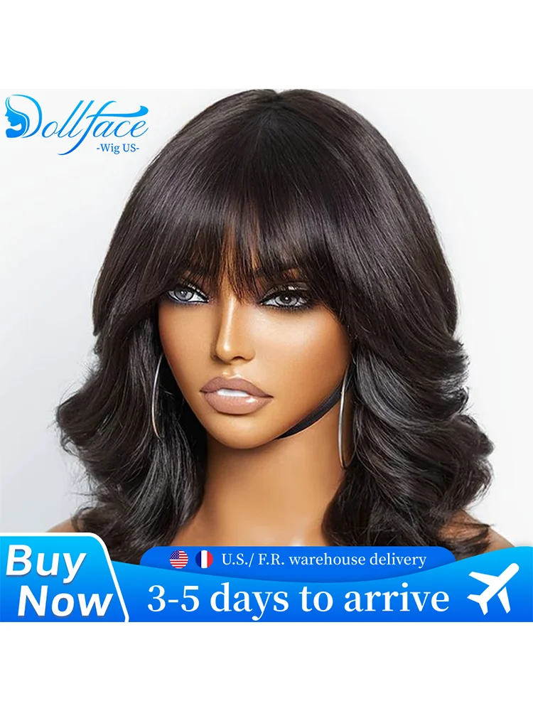 Body Wave Bob Pruik Met Pony Kort Volledig Machinegemaakt Pruiken van echt haar 220% Dichtheid Losse Body Wave Braziliaanse natuurlijke zwarte kleur - afbeelding 2