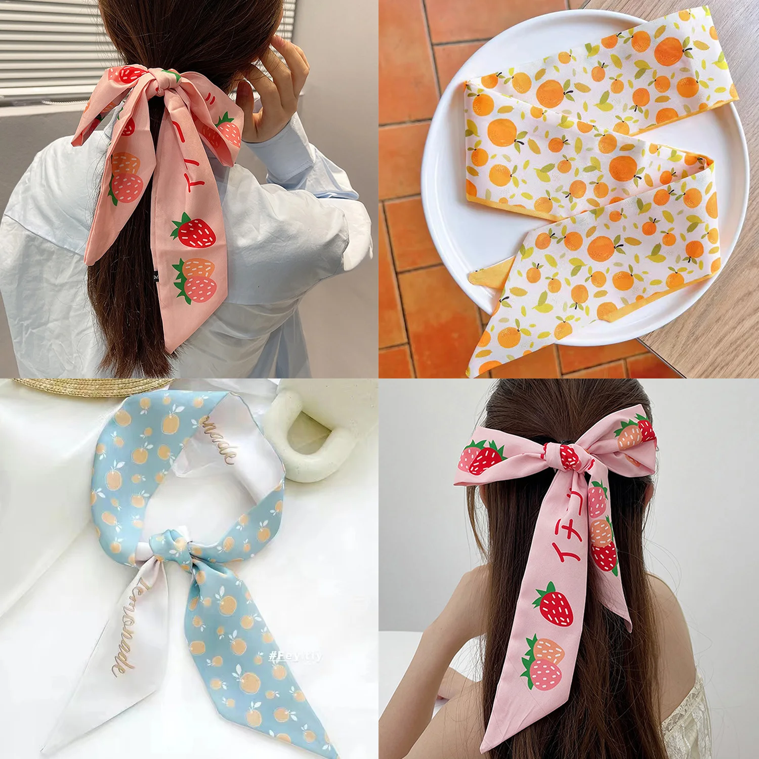 Pañuelo para el pelo con estampado de frutas para mujer, bandana de seda colorida, Cinta Larga, accesorios para el cabello multifunción