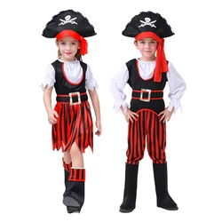 Child Caribbean Captain Pirate Costume Cosplay For Boys Girls Skull Hat Kids Fancy-Dress Halloween Carnival Theme Party