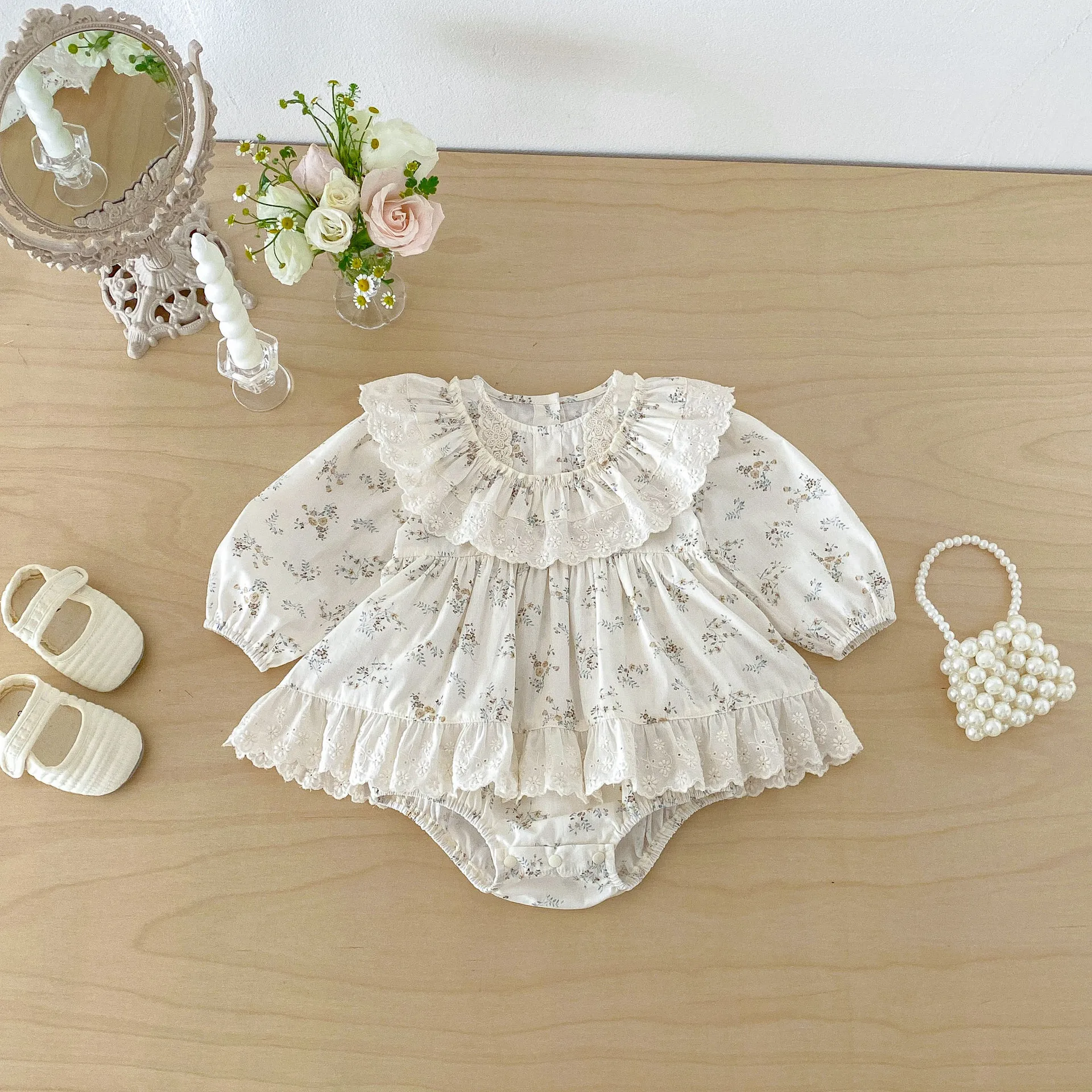 

Одежда для девочек: Новинка! Весенне-осенний комбинезон с цветочным принтом и кружевной юбкой для младенцев