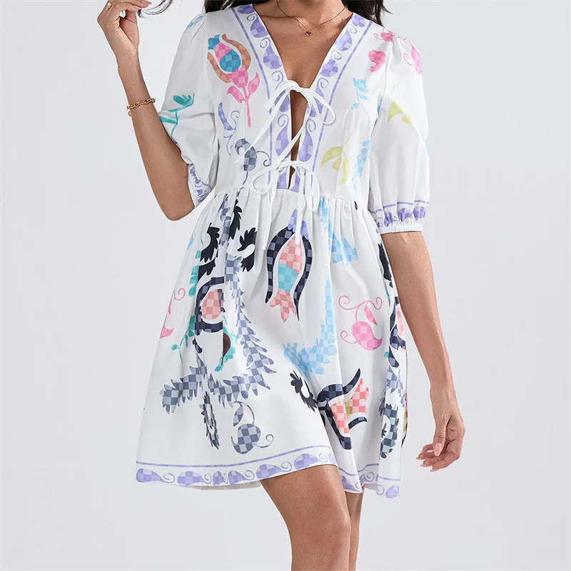 Dourbesty Women Summer A-Line Dress Floral Print Short Puff Sleeve Front Tie-up V-Neck Loose Casual Dress Vintage Female Vestido