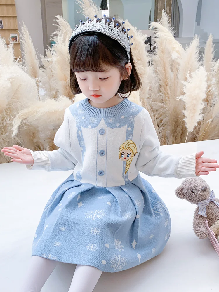 

Disney Girls' Elsa Princess Dress O-neck Long Sleeve Cute Cartoon Printed Knitted Dress Soft Warm Autumn/Winter Children's Dress
