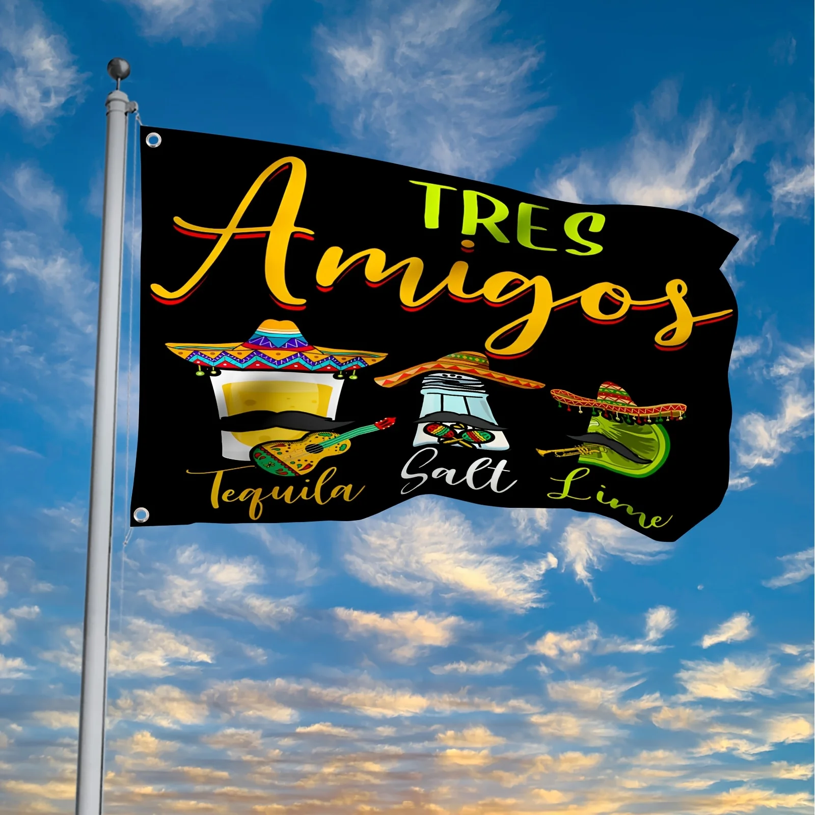 1pc Tres Amigos Tequila Salt Lime Cinco De Mayo Flag - 2 Grommets, 3x5ft-4x6ft - Indoor/Outdoor, Vibrant Design for Parties