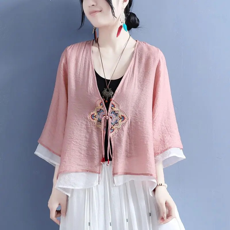 2024 Summer New Chinese Style Blouses Women's Solid Color Embroidered Button Cardigan Loose V-neck 3/4 Sleeve Retro Folk Shirts