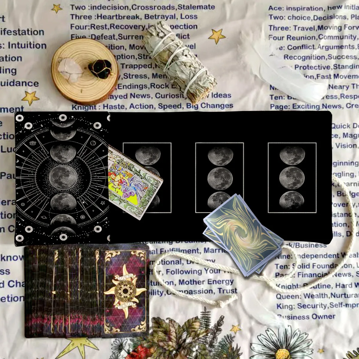 Moon Phase Tarot Roll‑Up Pouch Triple Moon 3‑Card Spread Tarot Oracle Card Holder Bag Wicca Witch Divination Altar Accessory