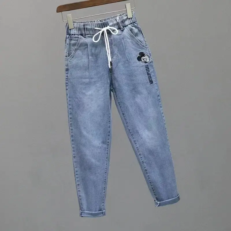 

y2k Disney Mickey Elastic Waist Summer Lightweight Plus Size Jeans Women, Loose Slimming Stretch 9-Point Harem Pants, Fits 200kg