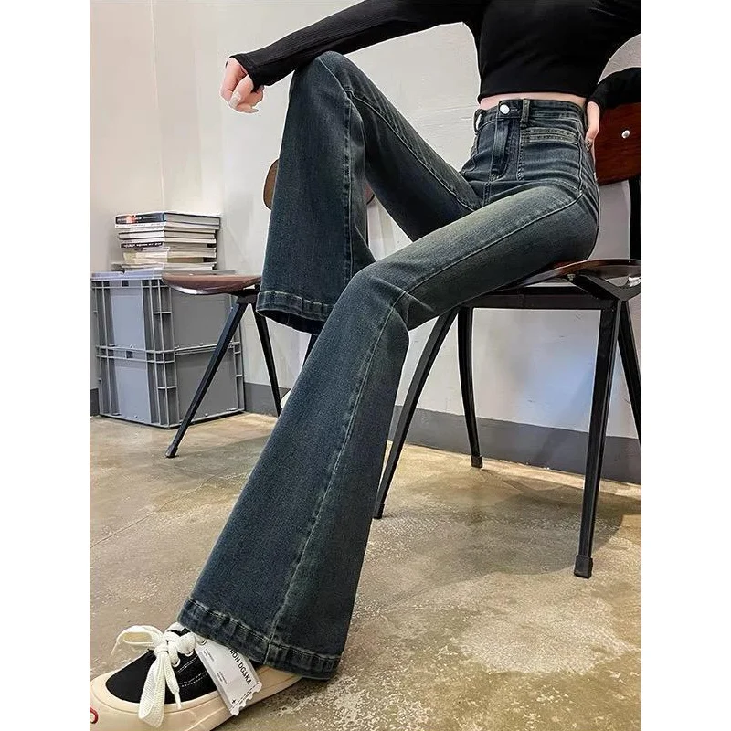 

Серые расклешенные джинсы с высокой талией, женские 2022, осень-зима, эластичные плюшевые утолщенные утягивающие брюки длиной до пола с двойными карманами