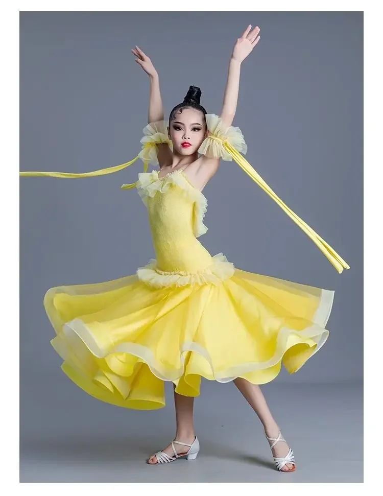 Frühling Sommer Kinder Modernes Walzer-Tanzkleid Professionelles Wettkampf-Trainingskostüm Standard-Ballsaal-Tanzoutfit für Mädchen – Detail 5