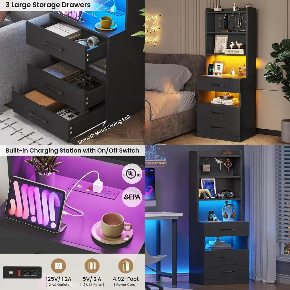 

Современная тумбочка с 3 ящиками, зарядной док-станцией и светодиодной подсветкой, просторная черная прикроватная полка для книг, удобная для хранения L