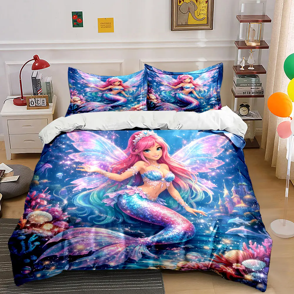 Dreamy Rainbow Mermaid and Castle Bedding Set for Kids Luxury Gift 3pcs Digital Print Comforter Set Soft Comfortable Breathable