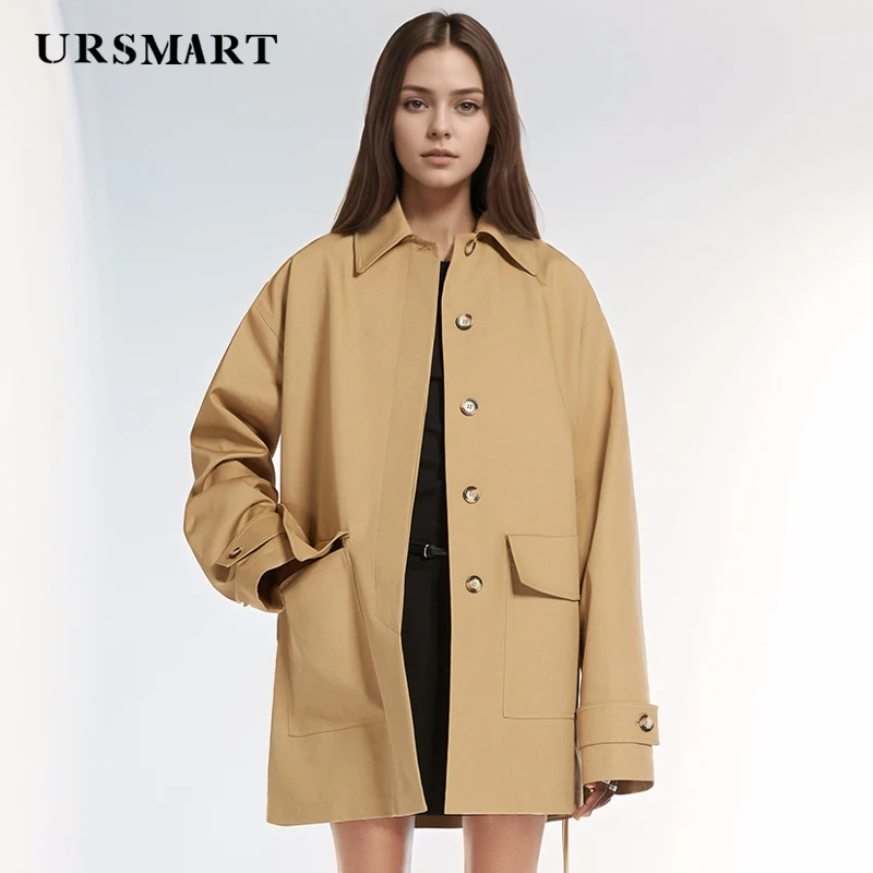 

Khaki Women's Trench Coat – Medium-Length Loose Fit Single-Breasted British Fashion Practical Windbreaker Jacket