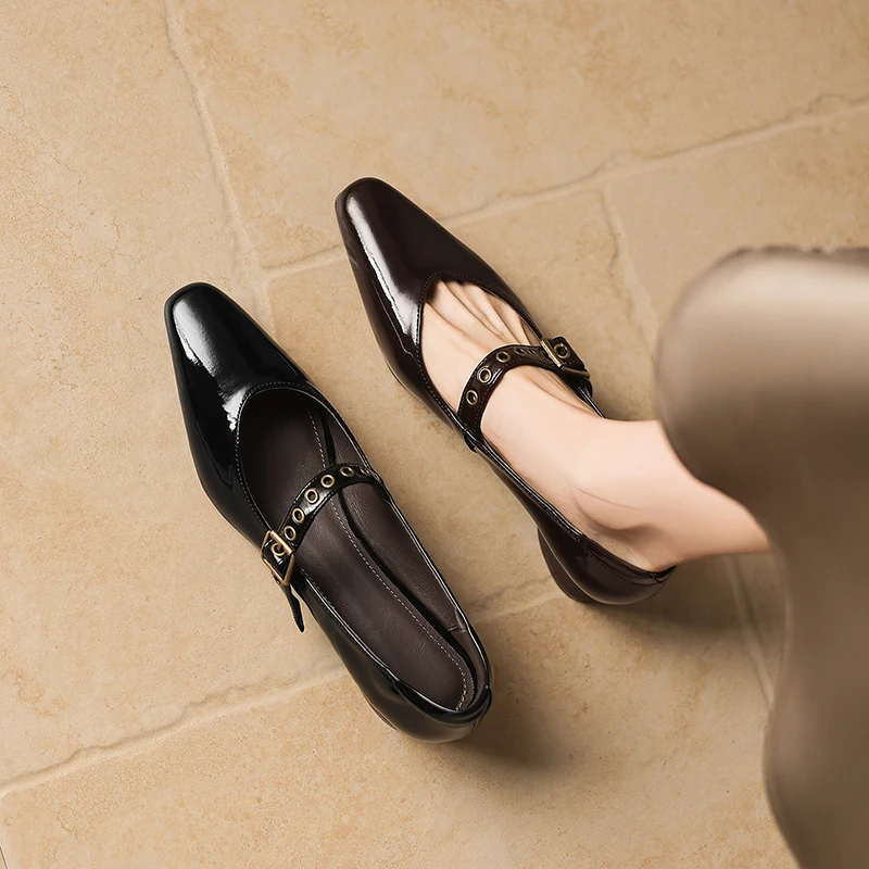 2026 new spring autumn women pumps natural leather plus size 22-26cm cowhide+pigskin square toe buckle women shoes fashion