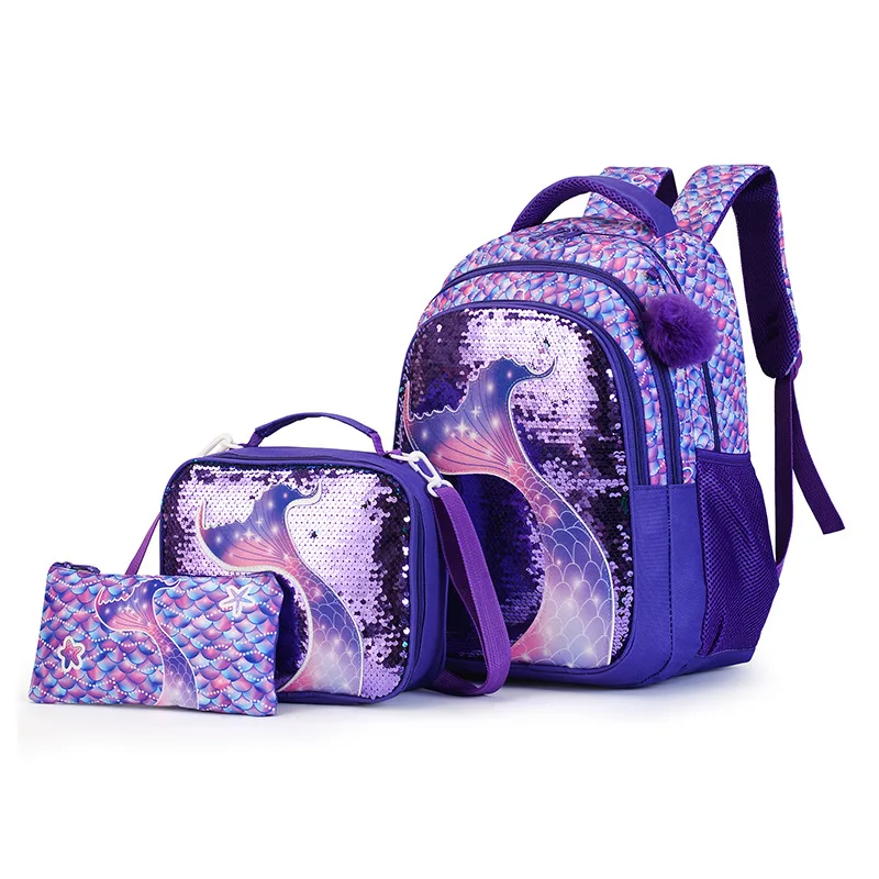 3Pcs/set Mermaid School Backpack Set with Lunch Box Cute Kids cartoon Book Bag Elementary Kindergarten School Bag for Girls