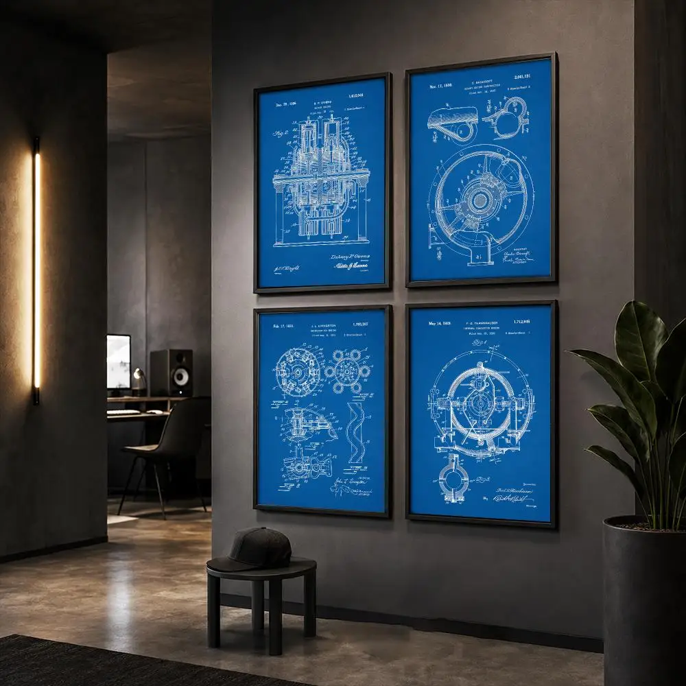 Engine Motor Mechanic Blueprints Poster Wall Art Print Sticker for Bedroom Living Room Dorm Office Modern Home Decor