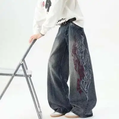 Men's Loose Straight Leg Jeans Pattern Embroidered Baggy Jeans Y2K Gothic Harajuku Hip Hop Straight High Waist Wide Leg Pants