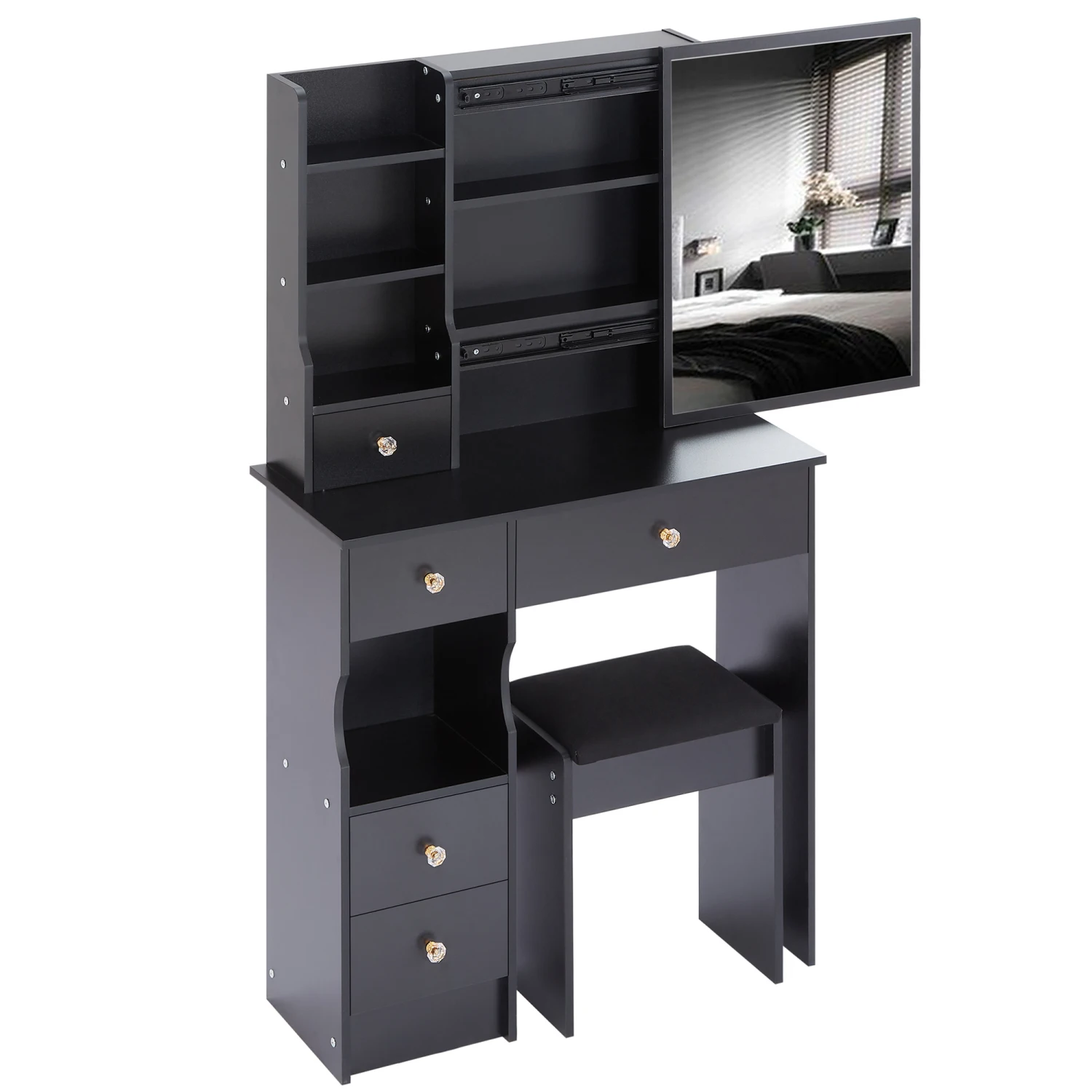 Small Size Left Drawer Desktop Vanity Table + Cushioned Stool, Extra Large Sliding Mirror, Multi Layer, High Capacity Storage Fa