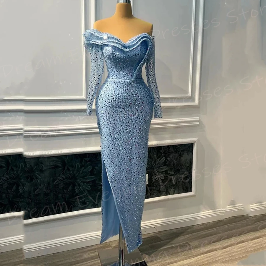 2024 Exquisite Modern Blue Women's Mermaid Elegant Evening Dresses Long Sleeve Sequined Prom Gowns Beaded Robe De Soiree Femmes