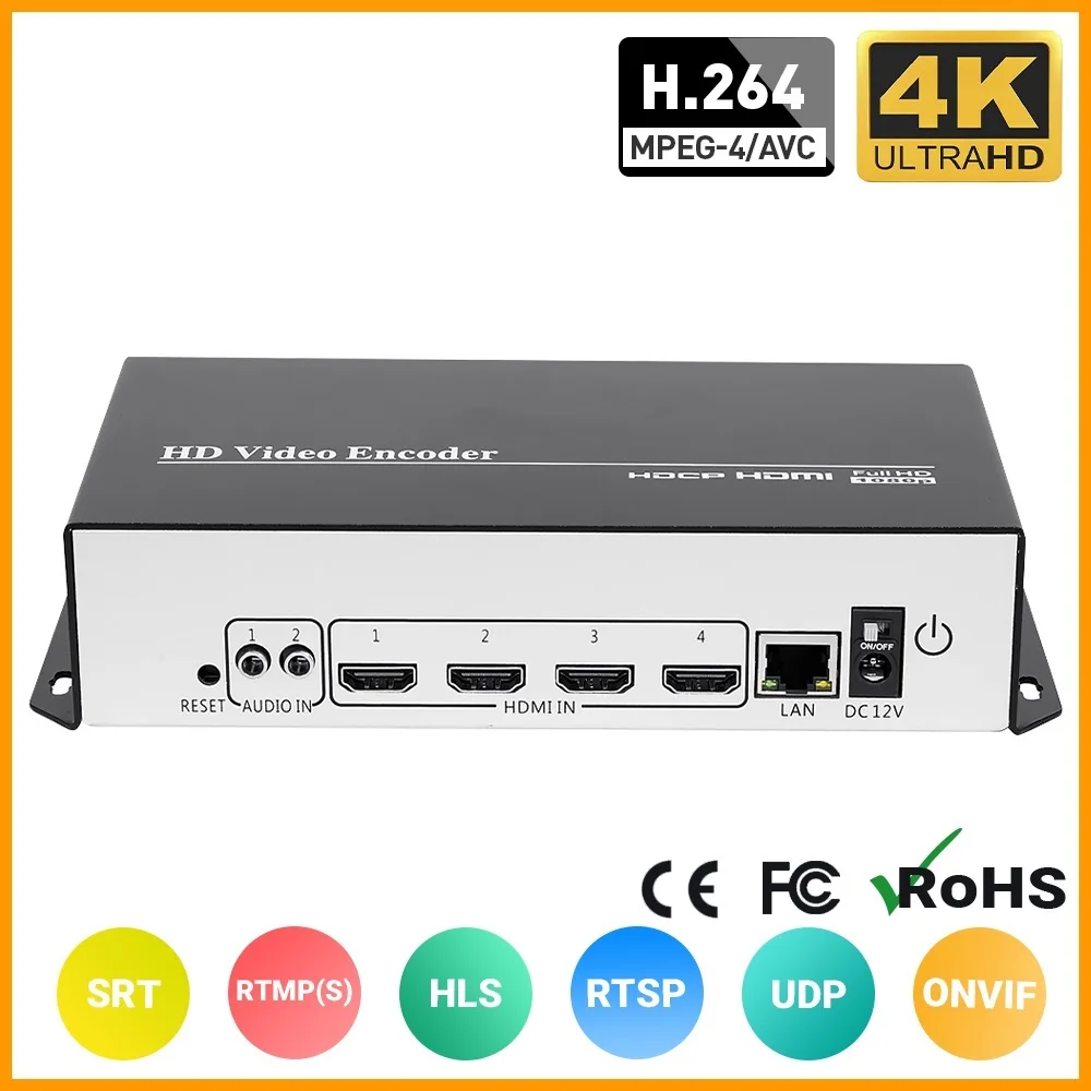 AAA+ Kostengünstiger 4-Kanal 4K HEVC H.264 HDMI-Video-Encoder HDMI-zu-IP-Streaming-Encoder mit UDP HLS RTMP RTSP RTMPS SRT