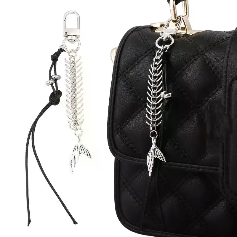 Punk Fish Bone And Tail Keychain Creative Fashion Weaving Rope Bead Pendant Backpack Decoration Pendant Accessories Gift