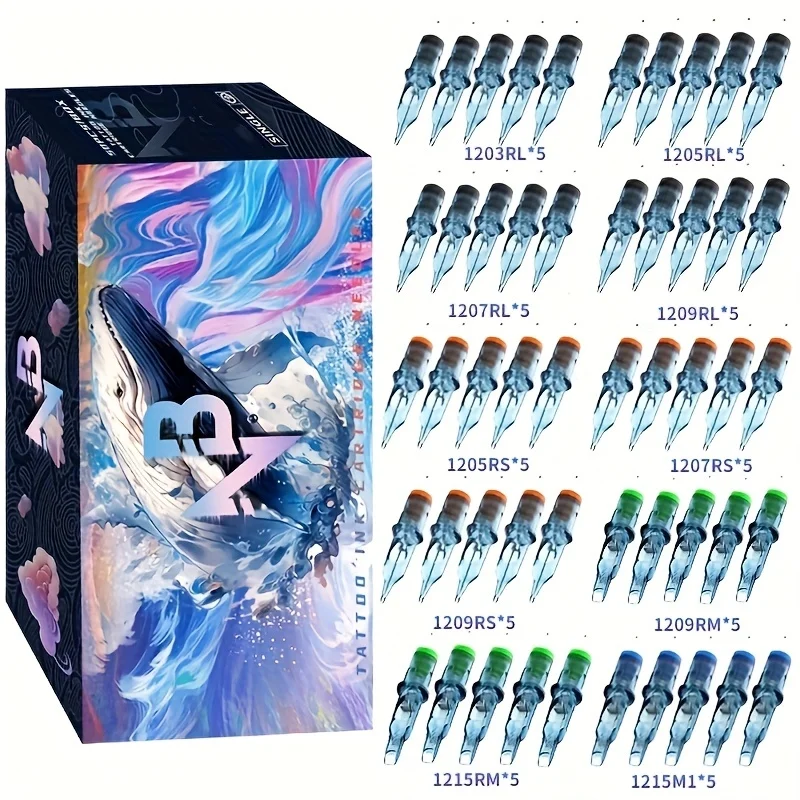 

Goldplume 50 шт./компл. иглы для тату-картриджей синего кита, четыре модели Rl/Rs/Rm/M1, герметичные смешанные стандартные иглы для татуировок, подходят для татуировщиков и начинающих, принадлежности для татуировок для дизайна татуировок