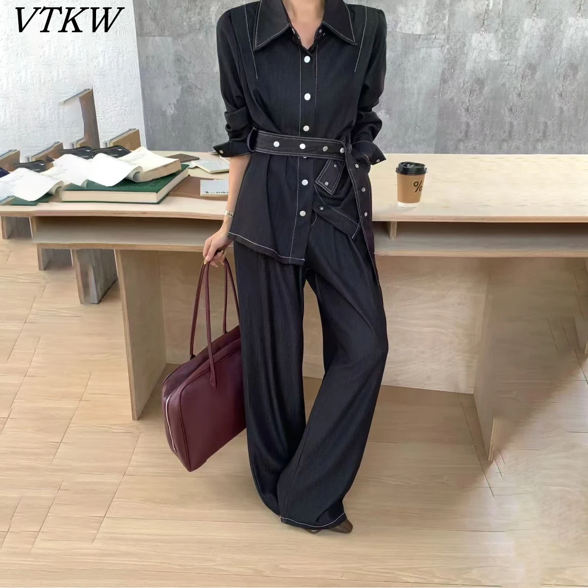 

VTKW Women's Denim 2 Piece Set Jacket High Waist Wide Pants Belted Single Breasted Solid Elegant Spring Autumn Fashion New