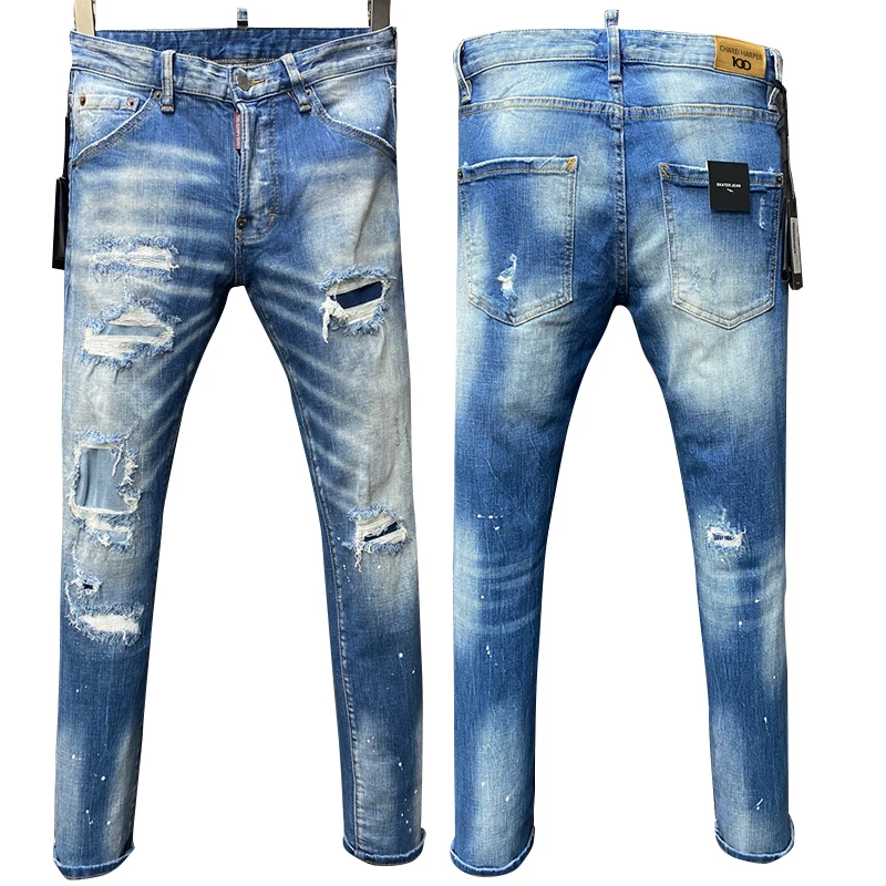 

starbags dsq 9905 D2 Men's denim trousers quadratic spray paint holes ground white small straight foot hipster jeans