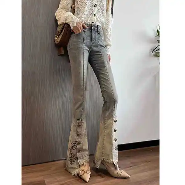 Heavy Embroidery Rhinestone Denim High Waist Slim Fit Micro Flared Pants Wide Leg Long Trousers Women Summer New Style