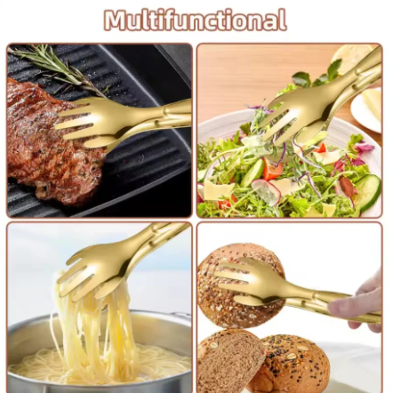 1/2/3PCS 8 Inch Stainless Steel Gold Salad Tongs Non-slip & Easy Grip Smart Locking Clip Handy Utensil for Cooking Serving, Barb