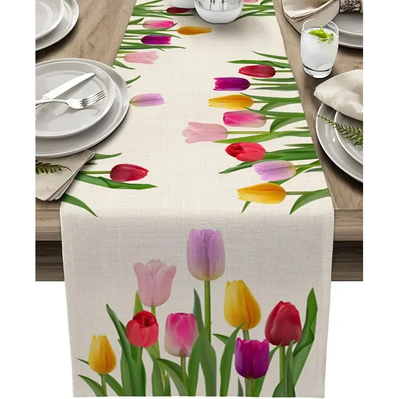 Oster-Tulpenblumen Leinen-Tischläufer Kommodenläufer Tischdekoration Frühling Landhausstil Esstisch-Läufer Hochzeitsdekorationen