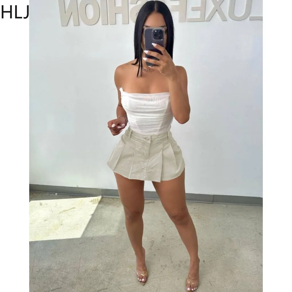 HLJ Y2k Denim Mini Skirts Women Summer Solid Color Pleated Skirts Shorts Ball Gown Skirts Jeans Female Casual A-line Mini Skirts