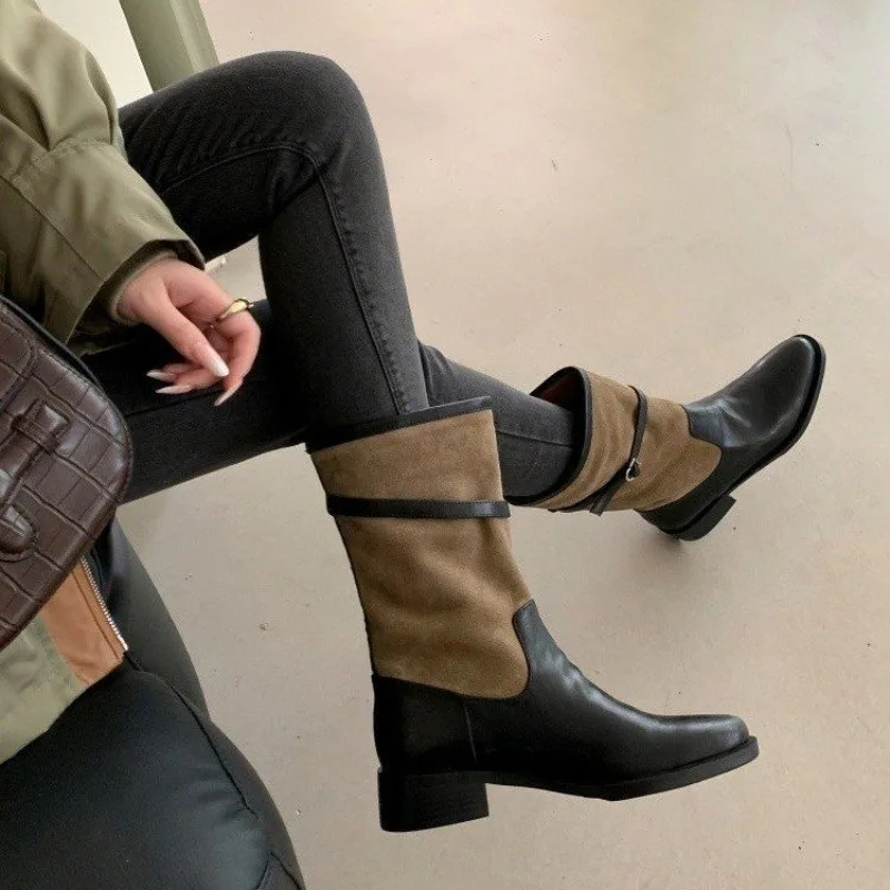 البائع الساخن 2026 المرأة الجديدة تشيلسي الأحذية الرجعية المرأة سميكة سوليد أحذية كعب سميك الجوارب المرنة المرأة حذاء من الجلد تشيلسي #2