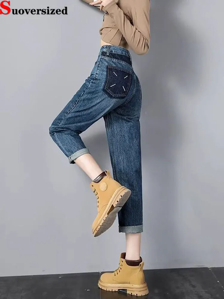 

Contrasting Colors Women Vintage Jeans High Waist Fashion Retro Velvet Vaqueros Straight Slim Ankle-length Harem Denim Pants