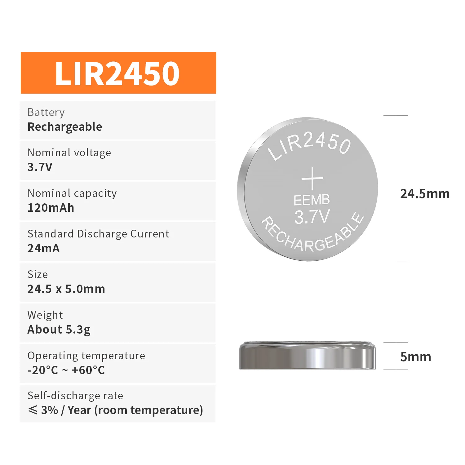 EEMB Rechargeable Battery LIR2450 3.7V 120mAh Lithium-ion Coin Cell with charger (optional)