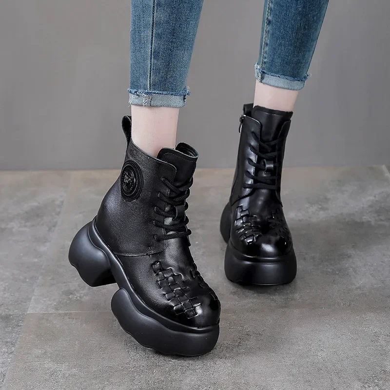 

Krasovki 10cm Genuine Leather Platform Wedge Winter Plush Fashion ZIP Ankle Boots Spring Women Autumn British Moccasins Shoes