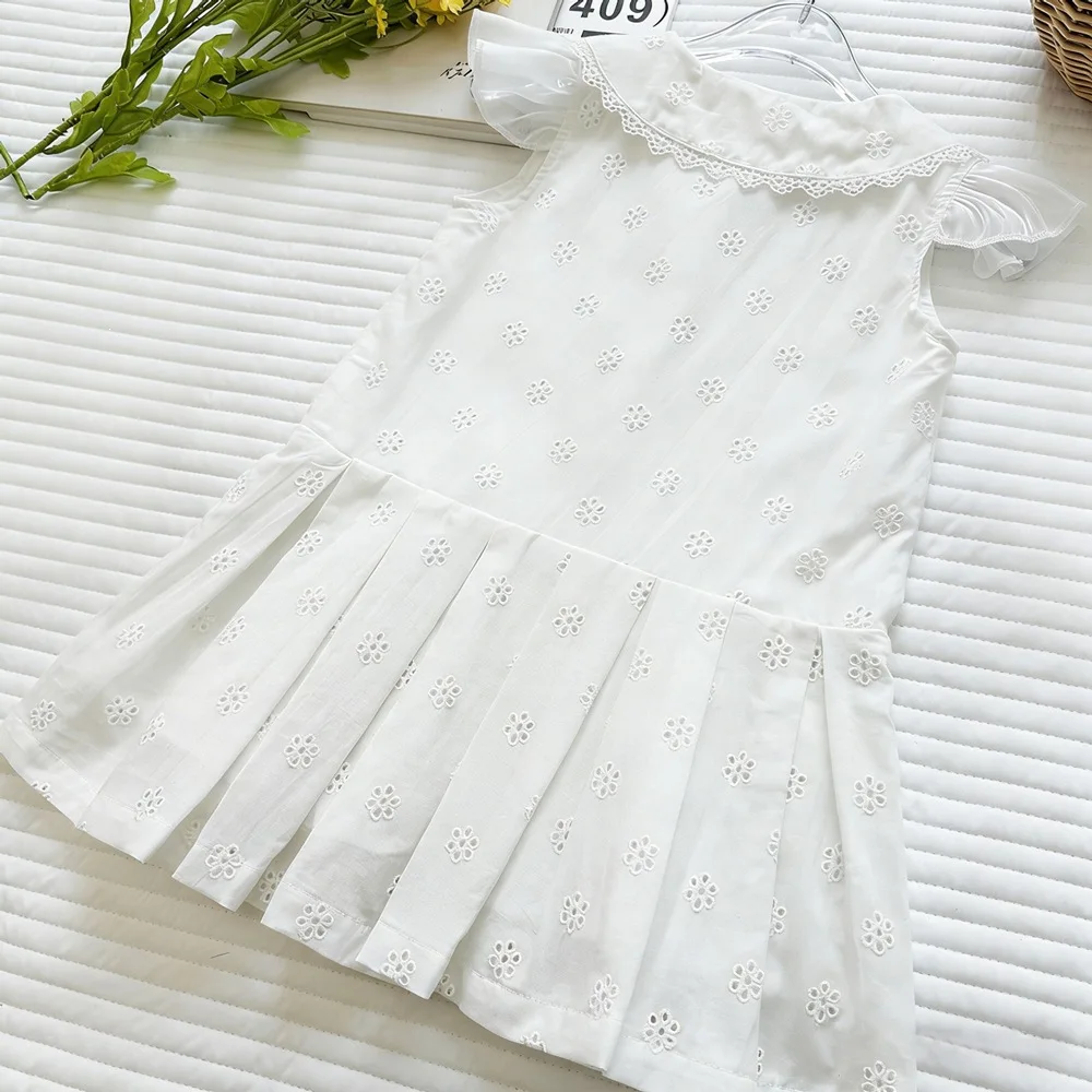 Girls' hollow out dress, 2026 summer new style, doll collar, pearl buckle, breathable princess dress