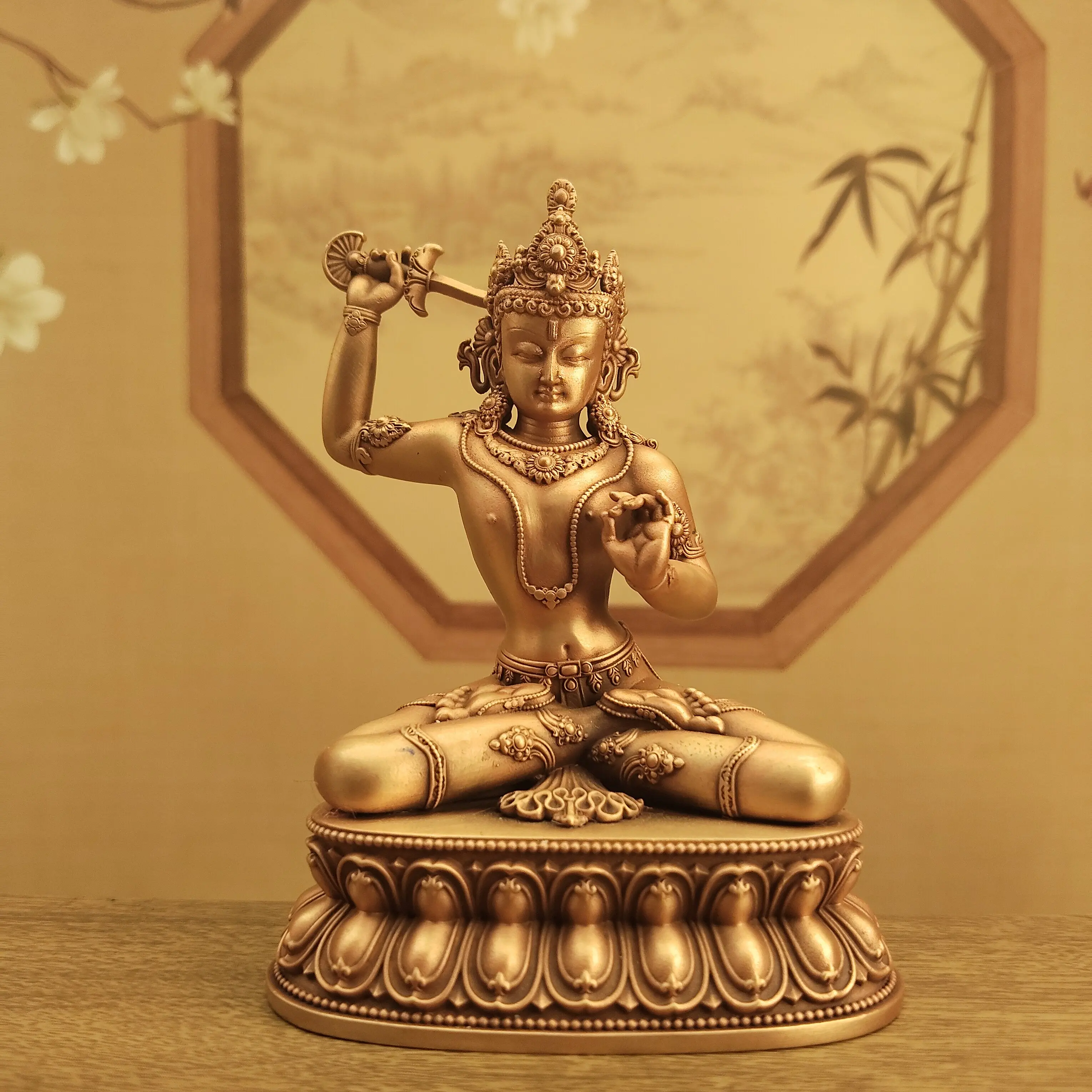 Tibetan Vajrayana Antique Copper Malla Style Manjushri with Wisdom Sword Statue 10cm Home Decor Blessing
