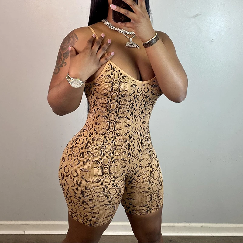 

OMSJ Yellow Snake Printed Casual Sexy Slim Fit High-waist Low Cut Neck Female Backless Simple Style Chic Playsuit Y2K Streetwear