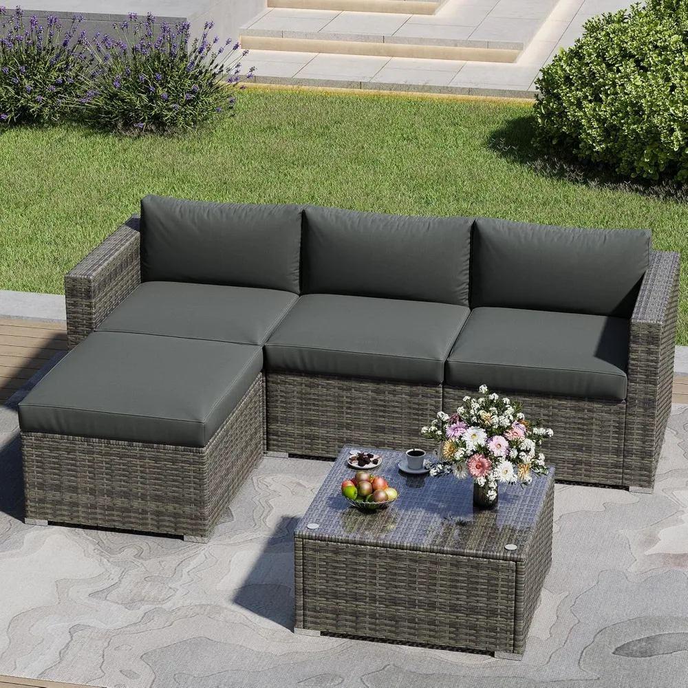 5 Piece Outdoor Patio Sectional Furniture Set, Weather Resistant Rattan Outside Couch, Waterproof Conversation Sofa for Balcony,