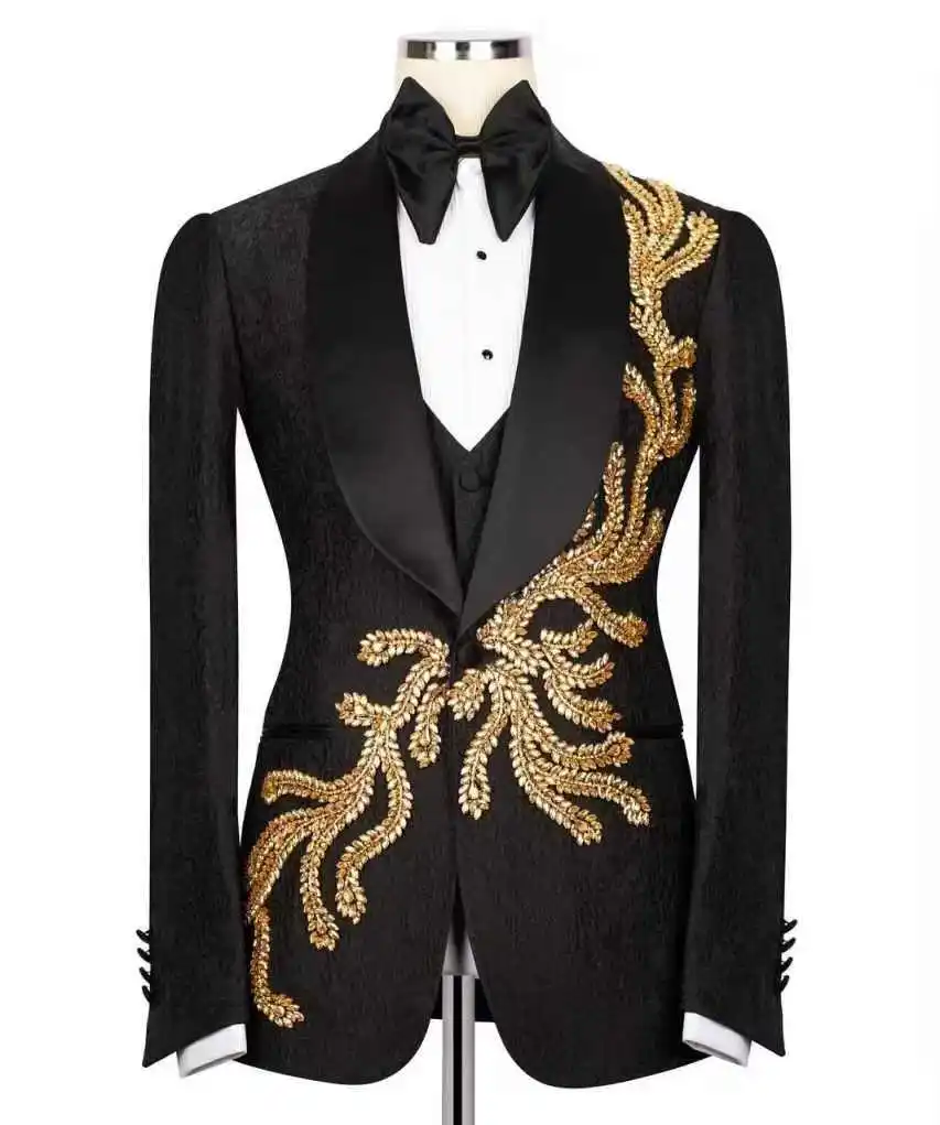 

Black Men Suits Set 2 Pieces Blazer+Pants Trouser Luxury Stone Crystal Wedding Tuxedos Jacket Formal Office Groom Male Coat