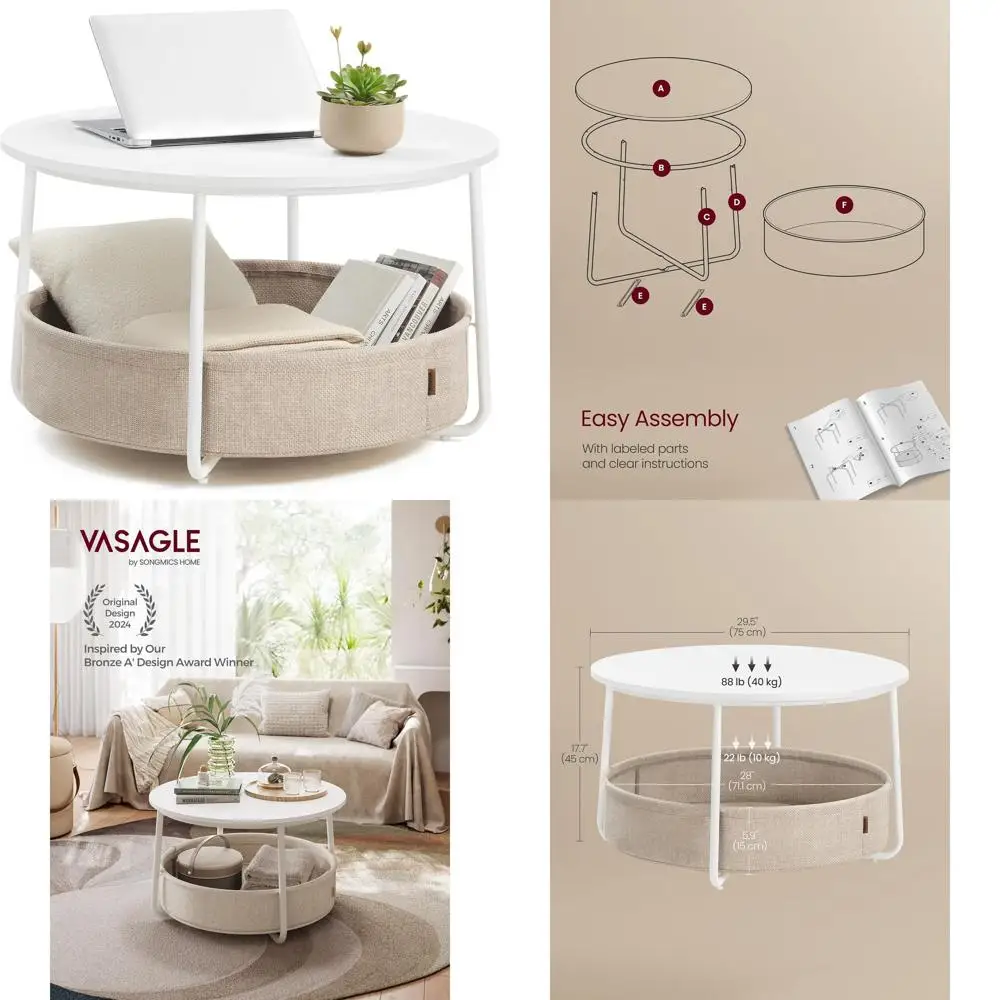 

Round Storage Coffee Table, Living Room Center Table with Fabric Basket, Modern Style, Metal Legs, Matte White and Camel Brown F