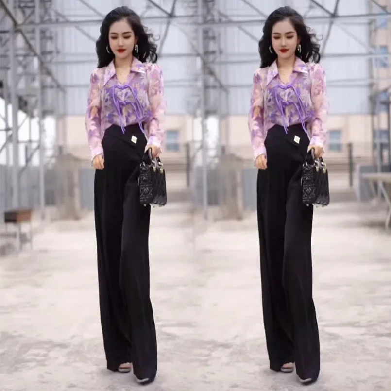 Temperament Fashion Set Women's Spring/Summer Printed Perspective Chiffon Shirt Slimming Wide Leg Pants Two Piece Set