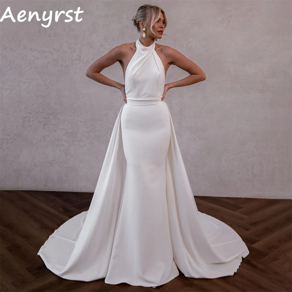 Aenyrst-simples Halter sereia vestidos de casamento, vestidos de noiva elegantes, cetim Bodycon Voltar Aberta, até o chão