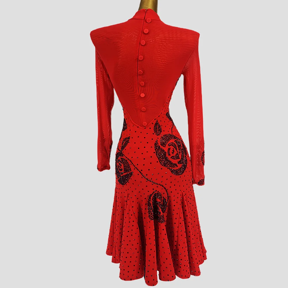 2022 Red Rose Latin Dance Dress Women Performance Costume Rhinestone Long Sleeves Dress Ballroom Dance Competition Wear BL8654