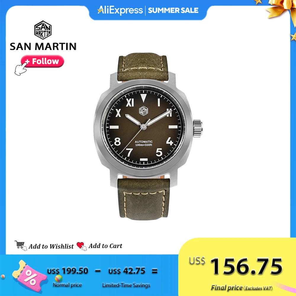 

Автоматические механические часы San Martin 40 мм водонепроницаемость 10 Бар винтажный стиль YN55 для мужчин с кожаным ремешком и подсветкой SN0065 корпус из нержавеющей стали 316L прочный и элегантный дизайн