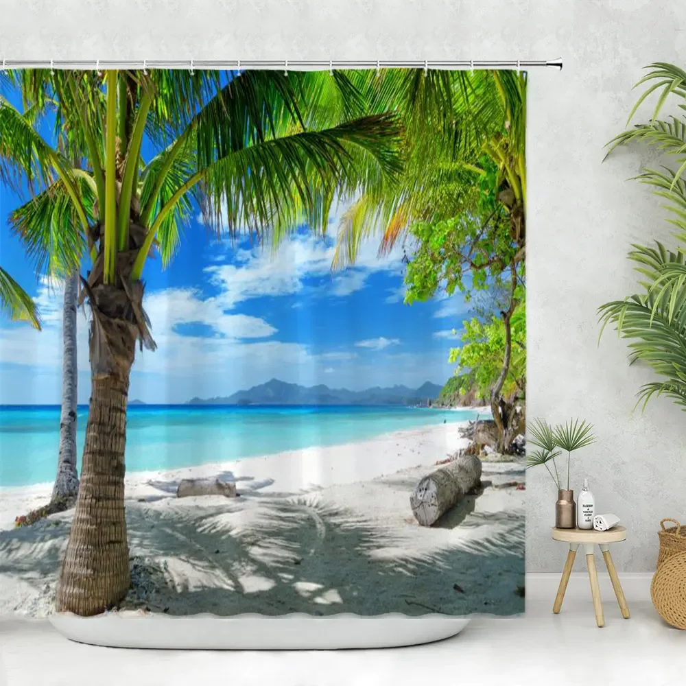 Seaside Scenery Bathroom Shower Curtain Tropical Ocean Beach Palm Tree Leaf Washable Shower Curtains Polyester Fabric Home Decor