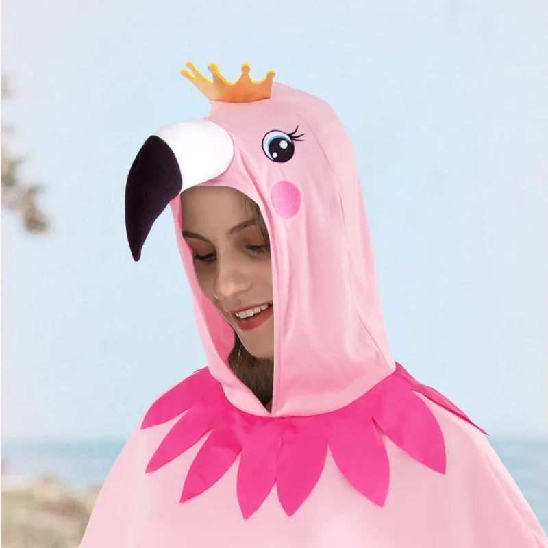 Valentine's Day Flamingo Cosplay Costume Pink Cartoon Print Hooded Cloak for Women Men Carnival Party Performance Outfit view 3