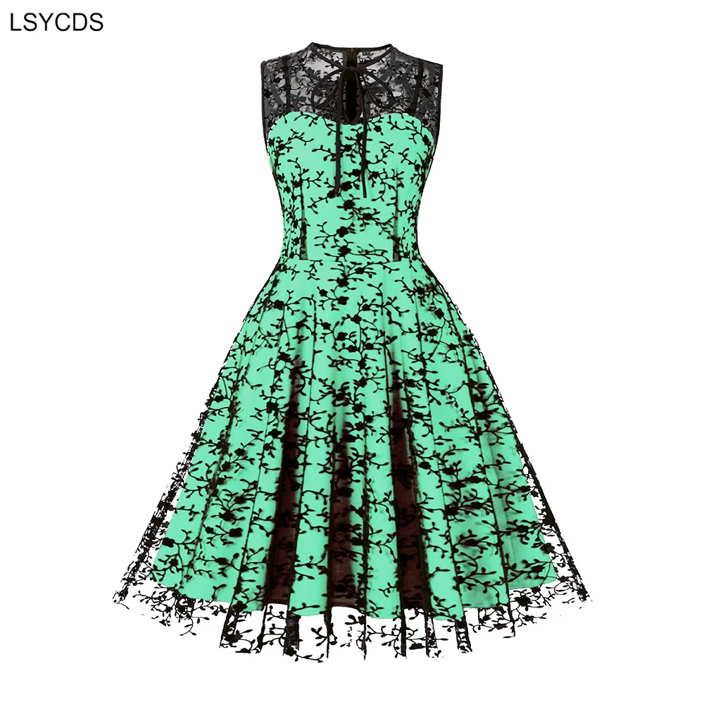 LSYCDS Tie Neck Sleeveless Keyhole Front Mesh Overlay Vintage Midi Women Dresses Christmas Party Elegant Luxury Birthday Dress