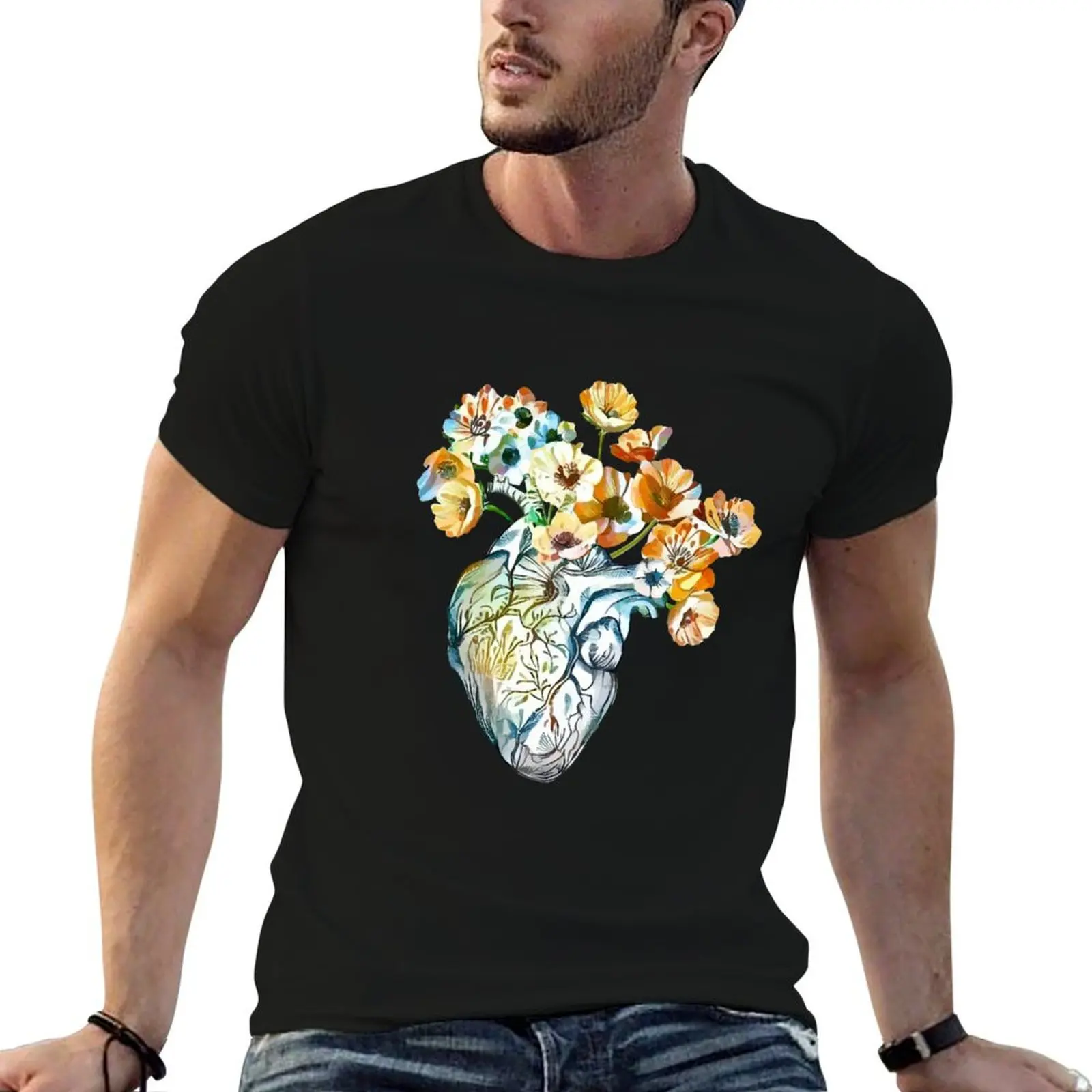 Human heart, watercolor wild flowers, floral, plant lovers, Heart, anatomical heart T-Shirt Stylish Graphic Short Sleeve Top