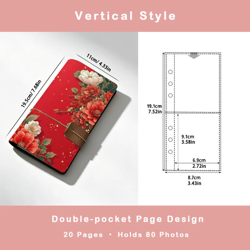 Oriental Chinese Style Red Peony Magnolia Floral Print PU Leather Photo Album 80 Pockets Portable Mini Instant Camera Photo Book